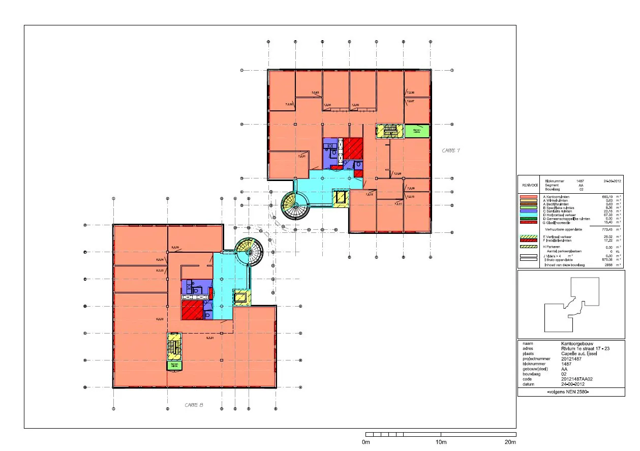 Plattegrondtekening van kantoorgebouw aan de Rivium 1e Straat 17-23 in Capelle aan den IJssel met kleurgecodeerde indeling.